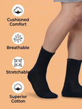 Three pairs of black crew length cotton socks with cushioning for both men and women by Air Garb, packaged as a convenient 3-pack.